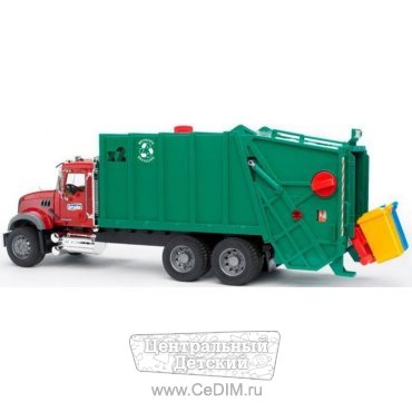 Мусоровоз MACK зелёный фургон с красной кабиной  Bruder 
